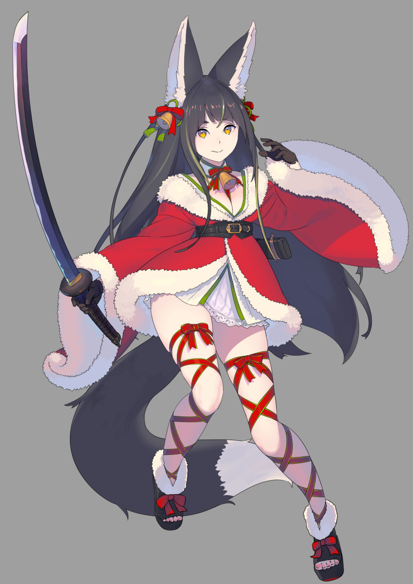 1girl animal_ears bell belt black_belt black_gloves black_hair black_sash boots botos breasts brown_eyes christmas closed_mouth enkyo_yuuichirou fox_ears fox_tail full_body fur-trimmed_sleeves fur_trim gloves green_ribbon hair_bell hair_between_eyes hair_ornament hair_ribbon high_heel_boots high_heels highres holding holding_sword holding_weapon katana kitsunegasaki_tametsugu_(tenka_hyakken) long_hair long_sleeves looking_at_viewer medium_breasts multicolored_hair neck_bell official_art platform_footwear platform_heels red_ribbon ribbon santa_dress sash scabbard sheath smile solo streaked_hair sword tail tenka_hyakken toeless_footwear unsheathed very_long_hair weapon wide_sleeves