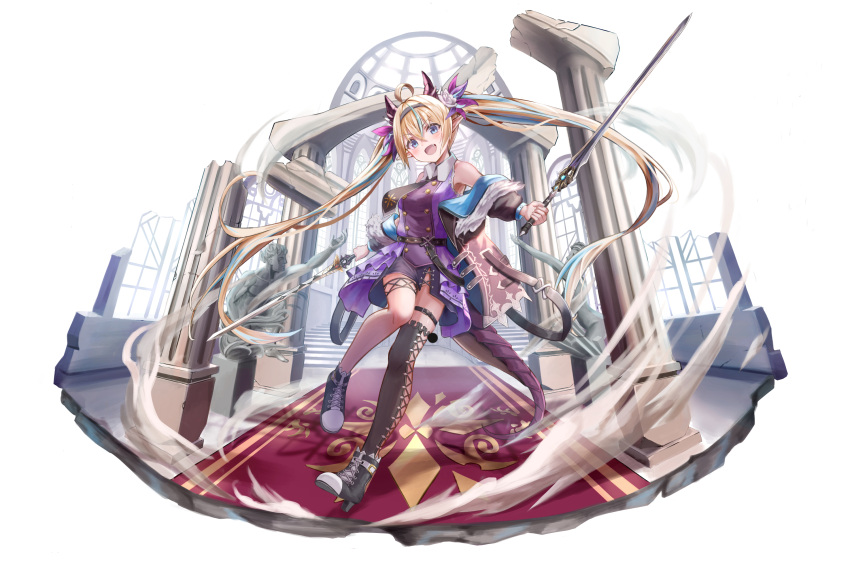 1girl asymmetrical_legwear bare_shoulders blonde_hair blue_hair commentary cross-laced_clothes cross-laced_legwear double_bun dragon_girl dragon_horns dragon_tail fujizarashi hairband highres holding holding_sword holding_weapon horns long_hair multicolored_hair original shorts streaked_hair sword tail thigh_strap twintails very_long_hair weapon