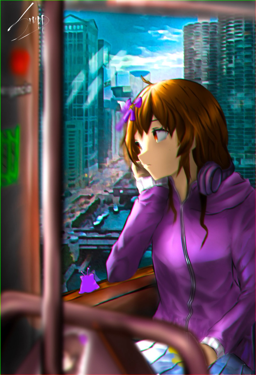 1girl artist_request blob bow brown_eyes brown_hair bus bus_interior centi_(nimu) dress ground_vehicle hair_bow hair_ornament hand_grip headphones headphones_around_neck highres indie_virtual_youtuber long_hair motor_vehicle nimu_(vtuber) seat sitting star_(symbol) star_hair_ornament vehicle_interior virtual_youtuber