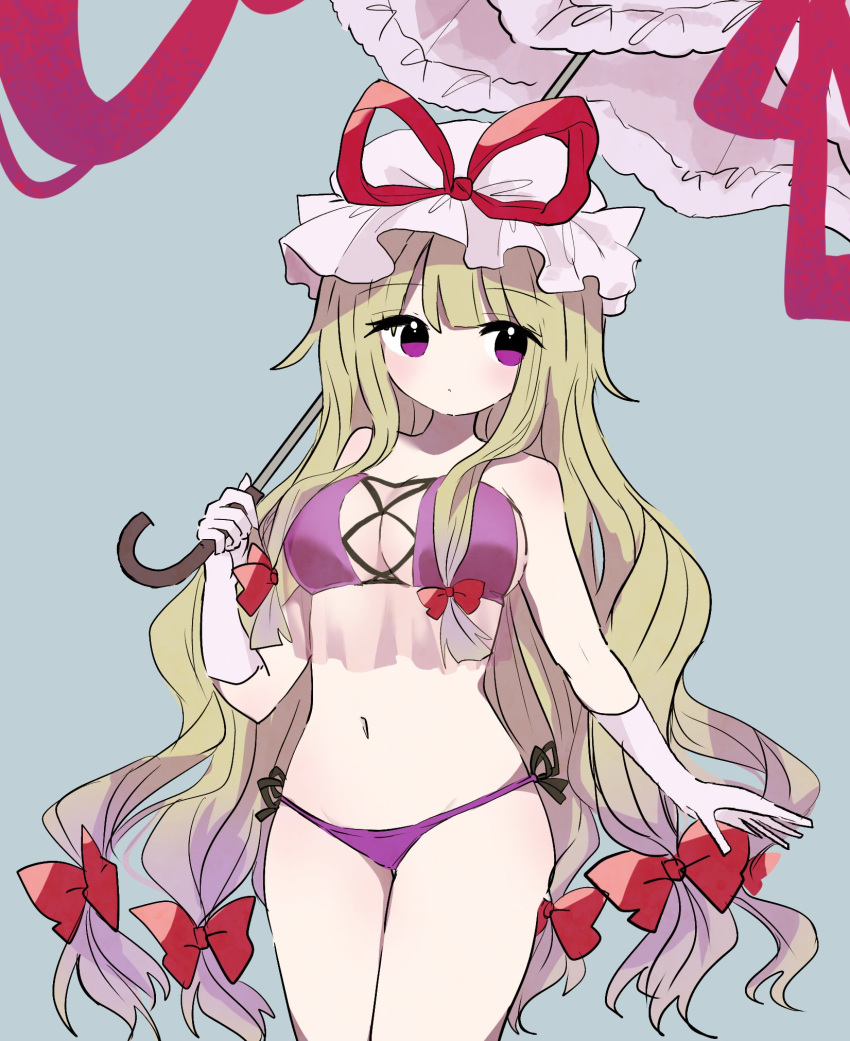 1girl alternate_costume bangs blonde_hair blue_background blush bow bra breasts covercarefree dot_mouth eyebrows_visible_through_hair gloves hair_bow hat hat_ribbon highres holding holding_umbrella long_hair looking_to_the_side mob_cap navel panties purple_bra purple_panties red_bow red_ribbon ribbon sidelocks simple_background solo standing stomach strapless symbol-only_commentary thighs touhou umbrella umbrella_bow underwear upper_body violet_eyes white_gloves yakumo_yukari