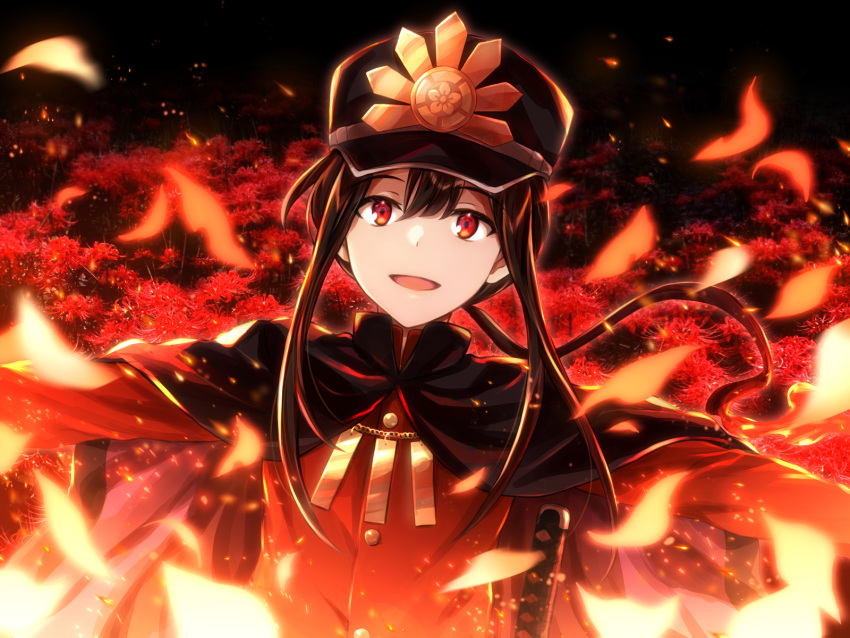1boy :d bangs black_cape black_hair black_headwear cape commentary_request eyebrows_visible_through_hair family_crest fate/grand_order fate_(series) flower hair_between_eyes hat highres jacket katana koha-ace long_hair looking_at_viewer low_ponytail male_focus oda_nobukatsu_(fate) oda_uri open_mouth outstretched_arms peaked_cap ponytail red_eyes red_flower red_jacket smile solo spider_lily sword tachitsu_teto upper_body weapon