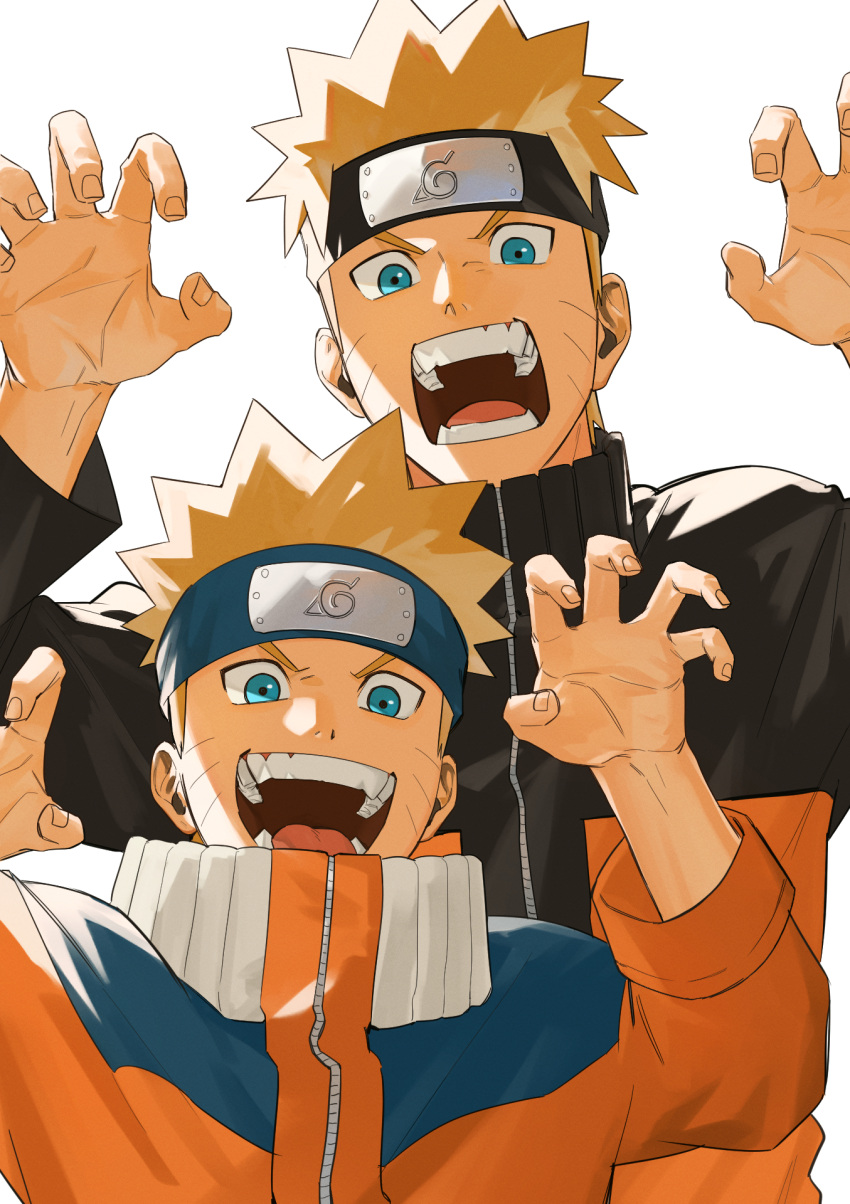 2boys blonde_hair blue_eyes commentary_request fingernails forehead_protector hands_up highres konohagakure_symbol looking_at_viewer male_focus mirin_(coene65) multiple_boys naruto naruto_(series) open_mouth short_hair simple_background smile teeth time_paradox turtleneck upper_body uzumaki_naruto white_background