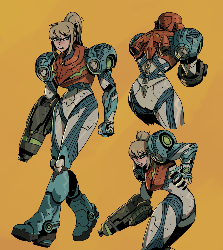 1girl arm_cannon armor ass bangs blonde_hair blue_eyes full_body glowing gun highres ho-uja long_hair looking_at_viewer metroid metroid_dread mole mole_under_mouth ponytail power_armor samus_aran science_fiction sidelocks simple_background solo upper_body varia_suit visor weapon
