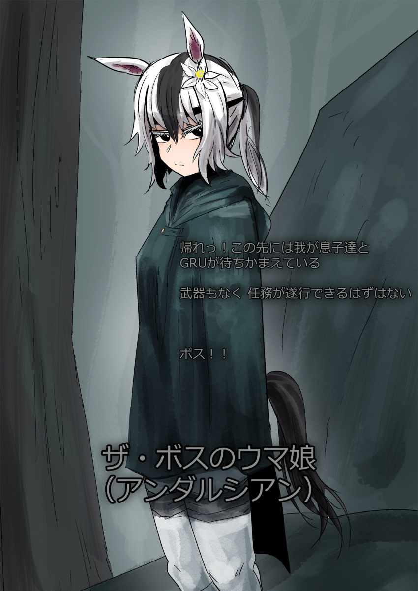 1girl animal_ears coat flower flower_request grey_hair hair_flower hair_ornament highres hooded_coat horse_ears horse_girl horse_tail medium_request metal_gear_(series) metal_gear_solid_3 multicolored_hair overcoat ponytail solo streaked_hair tail the_boss's_andalusian thick_eyelashes two-tone_hair umamusume what_is_(pix30d) white_hair