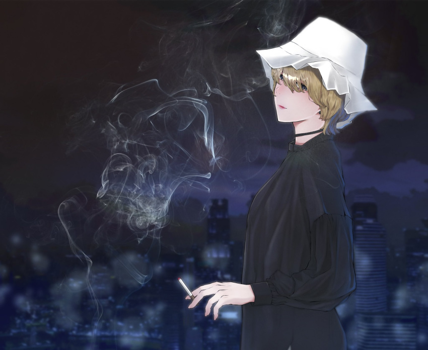 1girl alternate_costume bangs black_dress blonde_hair cigarette city_lights cityscape contemporary dress hat highres holding holding_cigarette long_sleeves looking_at_viewer maribel_hearn mob_cap night scenery shiba_0203 short_hair smile smoke smoking solo touhou