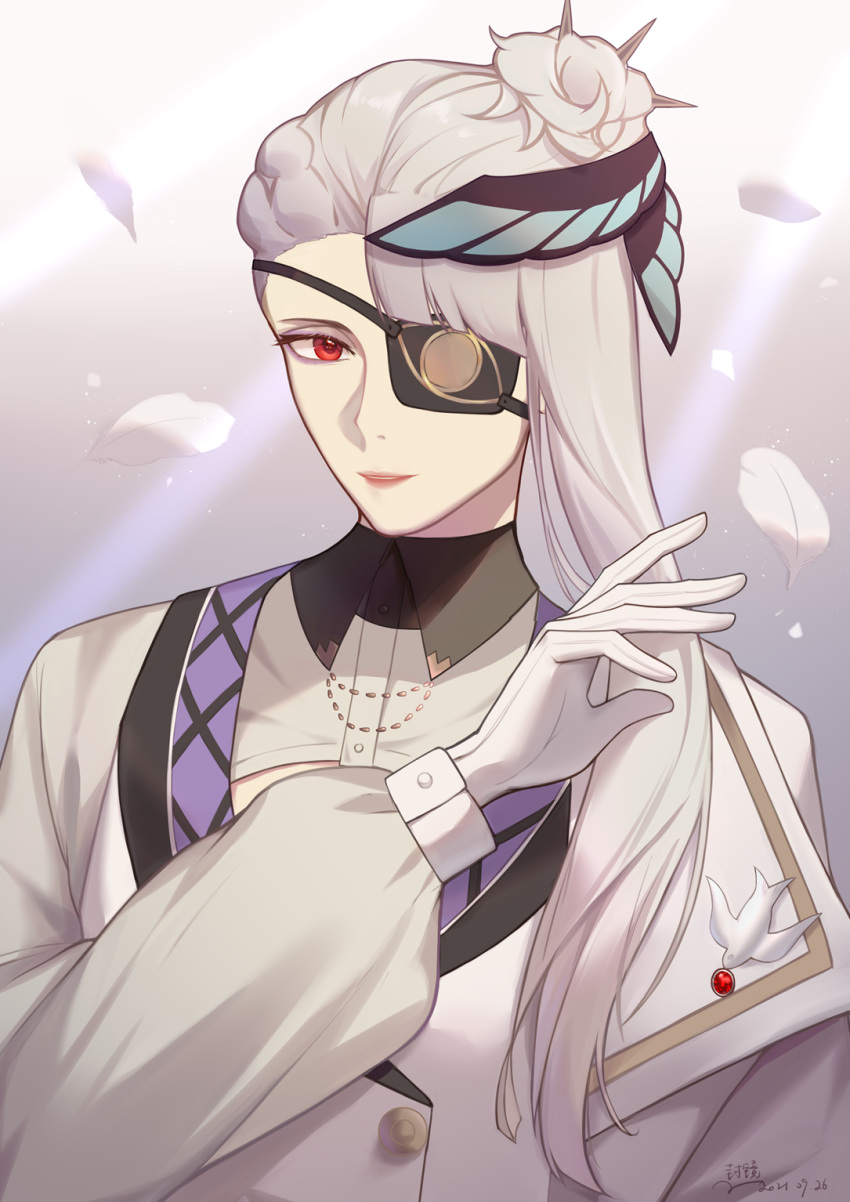 1boy eyepatch flower hair_flower hair_ornament hand_up highres hyde_jayer lapel_pin light_rays long_hair long_sleeves looking_at_viewer male_focus puffy_long_sleeves puffy_sleeves red_eyes ro_esfera solo upper_body visual_prison white_hair