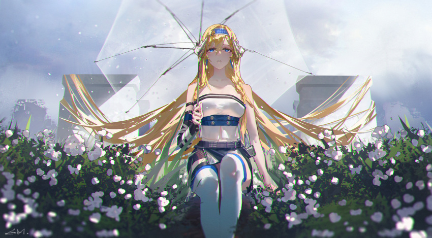 1girl aenrs arknights arm_at_side bangs bare_arms black_skirt blonde_hair blue_eyes blue_hairband blue_sky braid breasts collarbone commentary_request day detached_sleeves dragon_horns earrings feet_out_of_frame flower hair_between_eyes hairband highres holding holding_umbrella horns jewelry long_hair long_sleeves looking_at_viewer medium_breasts miniskirt outdoors parted_lips pillar saileach_(arknights) signature single_detached_sleeve sitting skirt sky smile solo strapless sunlight thigh-highs transparent transparent_umbrella twin_braids umbrella underbust very_long_hair white_flower white_legwear