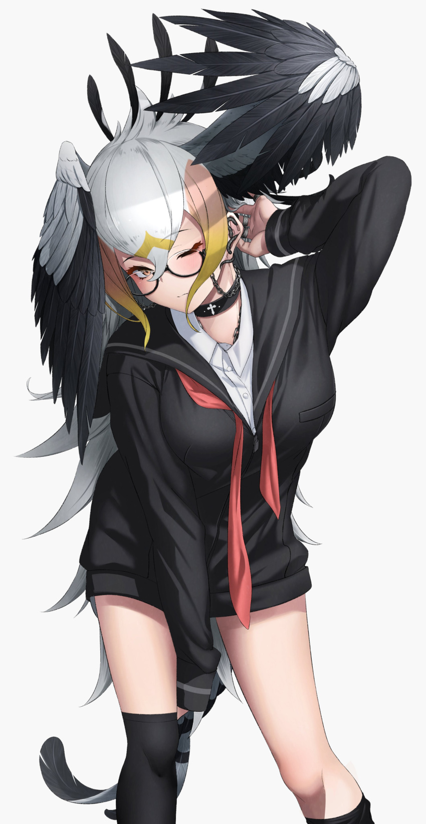 1girl absurdres alternate_costume bangs between_legs bird_tail bird_wings black-framed_eyewear black_collar black_hair black_jacket black_leotard blonde_hair chain collar commentary deku_suke ear_piercing eyebrows_visible_through_hair feathered_wings glasses hair_between_eyes hand_between_legs head_wings highres jacket jewelry kemono_friends legs_apart leotard long_hair long_sleeves looking_at_viewer multicolored_hair one_eye_closed piercing red_neckwear ring secretarybird_(kemono_friends) semi-rimless_eyewear shirt simple_background solo tail thigh-highs under-rim_eyewear very_long_hair white_background white_hair white_shirt wings yellow_eyes