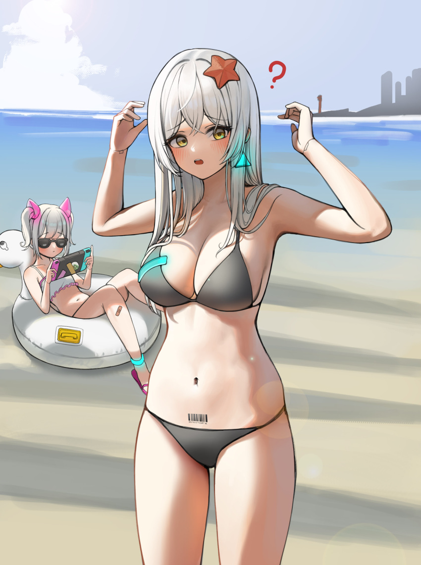 2girls absurdres android animal_on_head bandaid bandaid_on_knee bangs barcode barcode_tattoo beach bikini black_bikini blush breasts closed_mouth confused day dong_ji earrings eyebrows_visible_through_hair flip-flops frilled_bikini frills hair_between_eyes handheld_game_console highres holding holding_handheld_game_console horizon innertube jewelry joints large_breasts long_hair looking_at_viewer multiple_girls navel nintendo_switch ocean on_head open_mouth original outdoors playing_games pubic_tattoo sandals sitting sky standing starfish stomach string_bikini sunglasses swimsuit tattoo tearing_up triangle_earrings twintails water white_bikini white_hair