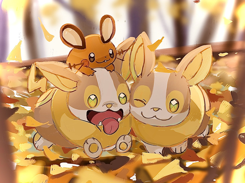 :3 anzu_(01010611) blurry closed_mouth day dedenne fangs green_eyes highres leaves_in_wind no_humans open_mouth outdoors pokemon pokemon_(creature) smile symbol-only_commentary tongue tongue_out yamper