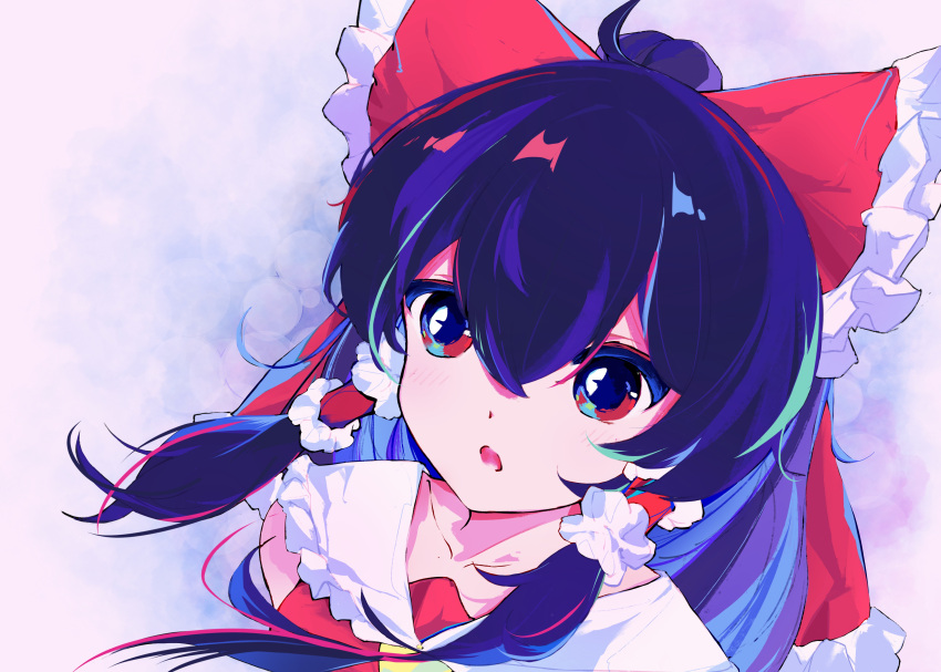 101985151 1girl absurdres ascot bangs bare_shoulders black_hair bow breasts collar collared_dress dress eyebrows_visible_through_hair gradient gradient_background hair_between_eyes hair_ornament hair_tubes hakurei_reimu highres looking_up medium_breasts open_mouth pink_background purple_background red_bow red_dress red_eyes short_hair solo touhou upper_body yellow_neckwear