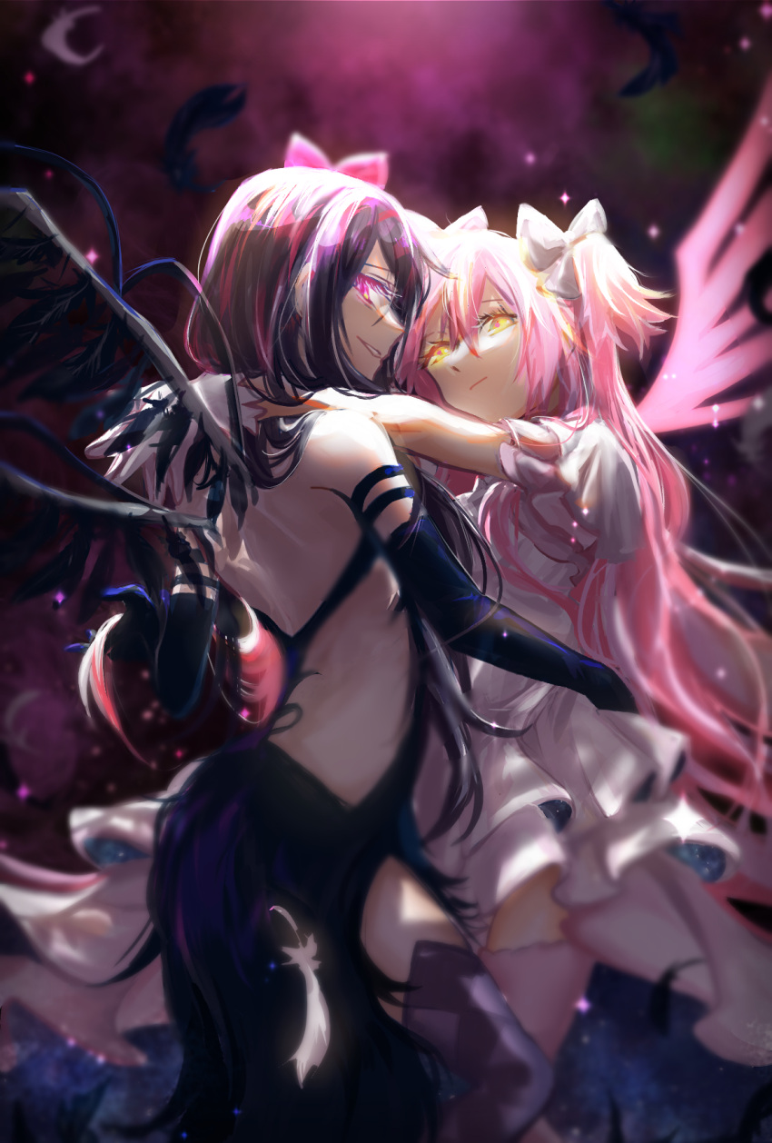2girls akemi_homura akuma_homura bangs black_wings blue_background crazycat47 dress elbow_gloves feathered_wings frilled_dress frills gloves goddess_madoka hair_ribbon high_heels highres kaname_madoka light looking_at_another looking_at_viewer looking_to_the_side mahou_shoujo_madoka_magica mahou_shoujo_madoka_magica_movie multiple_girls night night_sky pink_background pink_hair pink_legwear ribbon sky space star_(sky) thigh-highs transparent_wings two_side_up violet_eyes white_dress white_gloves wings yuri zettai_ryouiki