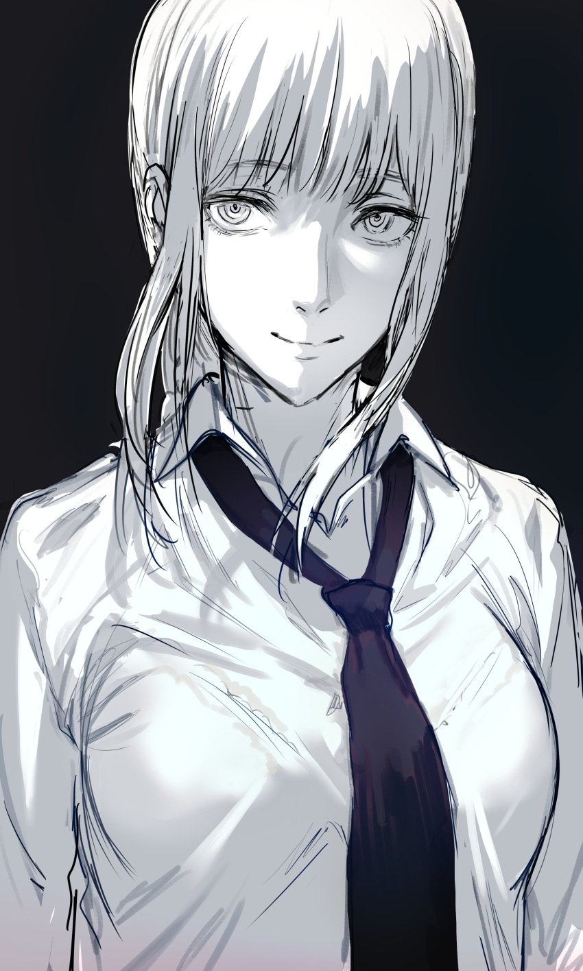 1girl absurdres black_background bra_through_clothes breasts chainsaw_man closed_mouth collared_shirt commentary english_commentary greyscale hews highres large_breasts long_hair looking_at_viewer makima_(chainsaw_man) monochrome necktie shirt sidelocks simple_background sketch smile solo upper_body wing_collar