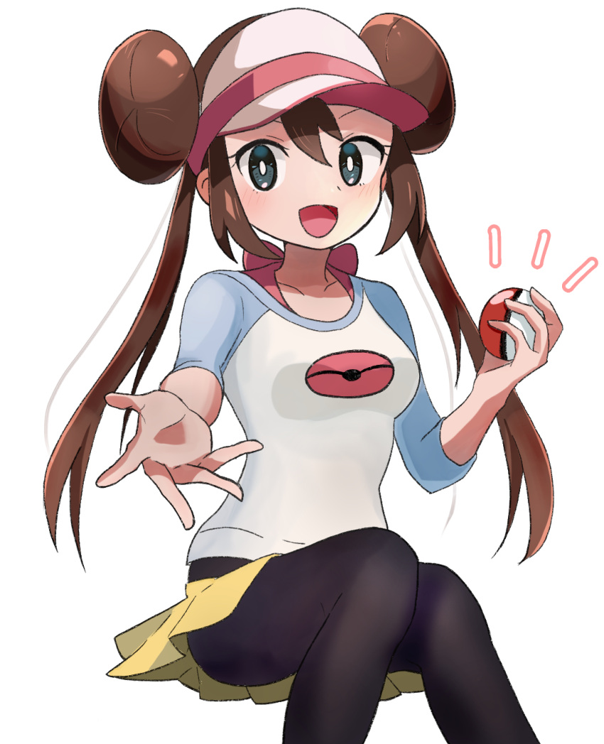 1girl :d black_legwear bow brown_hair commentary_request double_bun highres holding holding_poke_ball invisible_chair legwear_under_shorts long_hair momo_(ruka_moku) open_mouth pantyhose pink_bow poke_ball poke_ball_(basic) pokemon pokemon_(game) pokemon_bw2 raglan_sleeves rosa_(pokemon) short_shorts shorts sitting smile solo tongue twintails visor_cap yellow_shorts