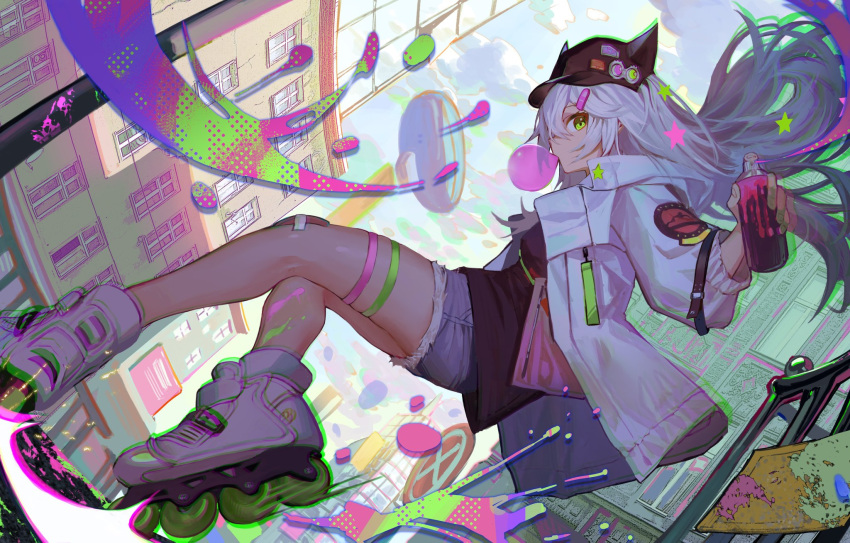 1girl animal_hat bandage_on_knee banxsy_(girls'_frontline_nc) black_headwear black_shirt blue_shorts bubble_blowing building can cat_hat chewing_gum clay_(clayjun) clouds denim denim_shorts foot_out_of_frame from_side girls'_frontline_neural_cloud green_eyes hair_ornament hairclip hat highres holding holding_can inline_skates jacket long_hair looking_to_the_side outdoors pink_bag roller_skates shirt shorts skates sky solo spray_can star_(symbol) thigh_strap white_hair white_jacket