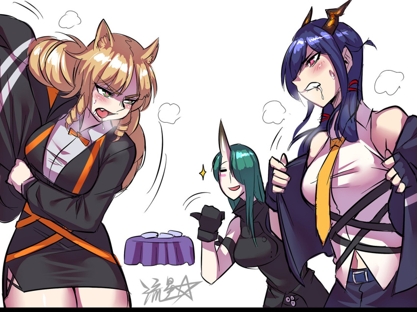3girls animal_ears arknights bed black_gloves black_jacket blonde_hair blue_hair blue_jacket blush breasts ch'en_(arknights) clenched_teeth gloves green_eyes green_hair hair_over_one_eye heart heart-shaped_pupils horns hoshiguma_(arknights) jacket large_breasts long_hair multiple_girls navel necktie one_eye_covered oni_horns open_mouth red_eyes round_bed ryuusei_(mark_ii) saliva shirt signature single_horn smile swire_(arknights) symbol-shaped_pupils teeth undressing white_shirt yellow_neckwear