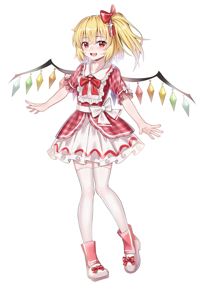 1girl :d absurdres ailu_elf alternate_costume bangs blonde_hair blush boots bow bowtie breasts commentary_request crystal dress eyebrows_visible_through_hair fang flandre_scarlet frilled_shirt_collar frills full_body hair_between_eyes hair_bow highres latin_cross looking_at_viewer no_hat no_headwear nose_blush one_side_up open_mouth petticoat plaid plaid_dress red_bow red_dress red_eyes red_neckwear short_hair short_sleeves simple_background skin_fang small_breasts smile solo standing thigh-highs touhou white_background white_footwear white_legwear wings