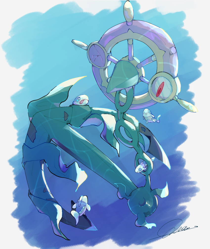 absurdres anchor chain commentary_request dhelmise fish highres looking_down no_humans pokemon pokemon_(creature) qua red_eyes signature solo underwater wishiwashi wishiwashi_(solo)