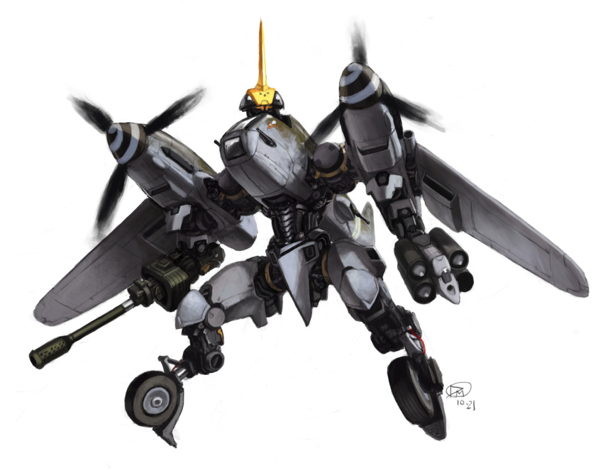 airplane_wing arm_cannon black_eyes boogwerks cable english_commentary highres horns looking_at_viewer mecha original propeller science_fiction single_horn solo weapon wheel