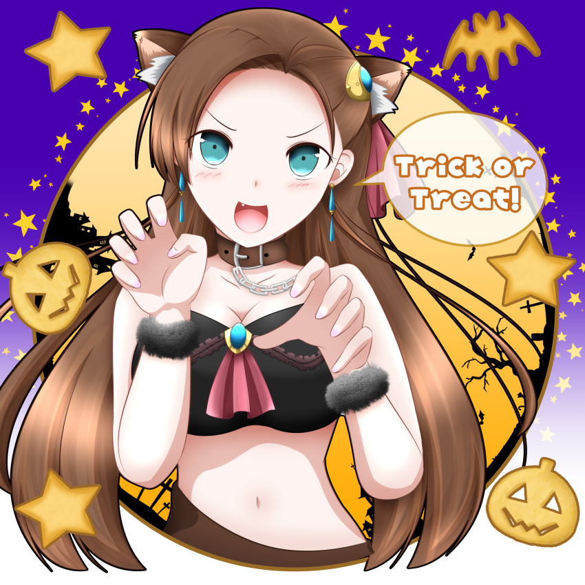 1girl :d animal_collar animal_ears asymmetrical_bangs bandeau bangs black_collar blue_eyes breasts brooch brown_hair cat_ears chain claw_pose collar commentary_request earrings english_commentary english_text fake_animal_ears fang fur_cuffs hair_ornament halloween halloween_costume highres jack-o'-lantern jewelry katarina_claes long_hair looking_at_viewer medium_breasts mixed-language_commentary navel open_mouth otome_game_no_hametsu_flag_shika_nai_akuyaku_reijou_ni_tensei_shite_shimatta smile solo star_(symbol) star_hair_ornament trick_or_treat yanasemick
