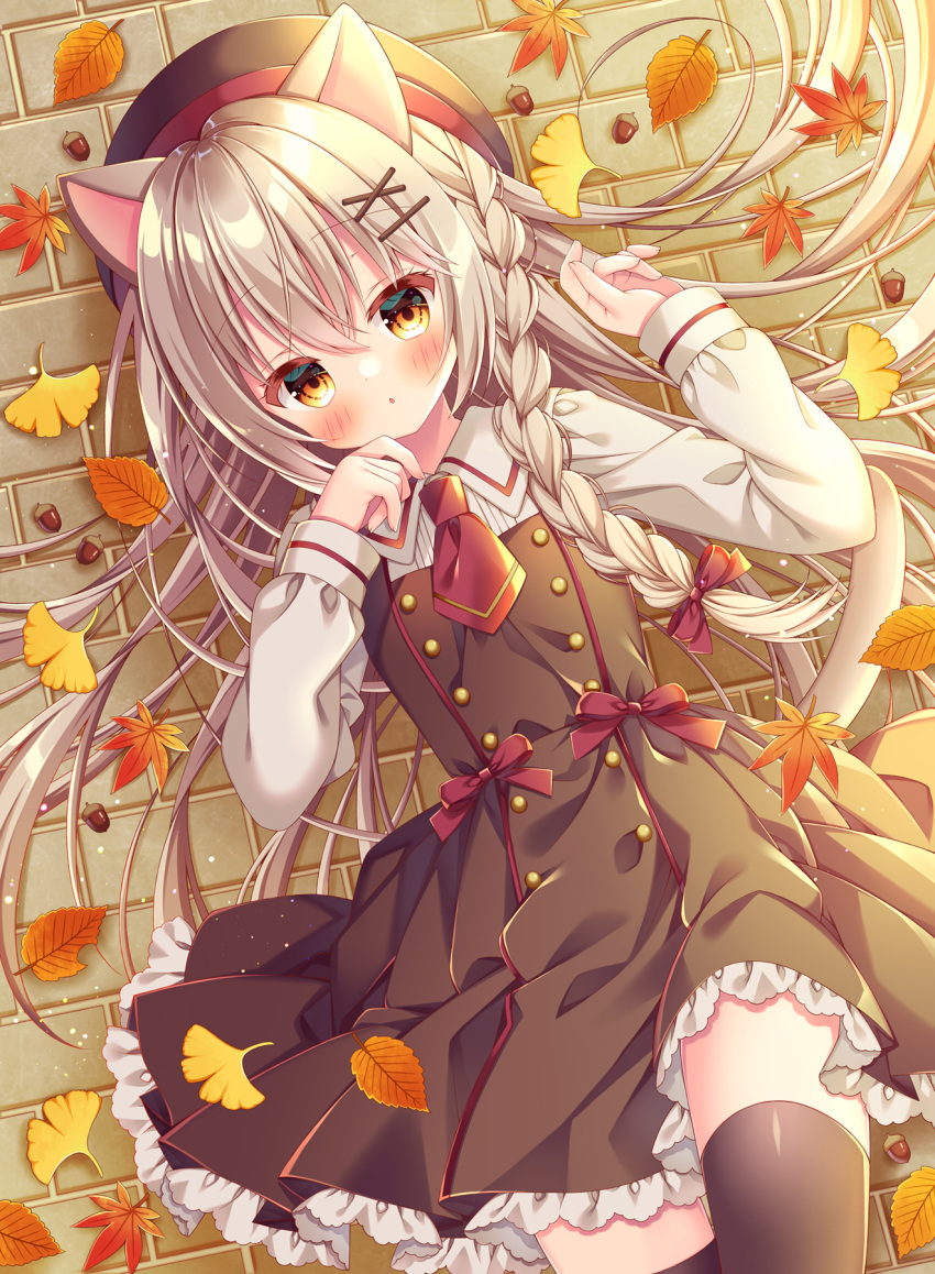 1girl :o acorn animal_ears autumn_leaves bangs beret black_dress black_headwear black_legwear blush bow braid brown_eyes brown_hair cat_ears cat_girl cat_tail collared_shirt commentary dress eyebrows_visible_through_hair frilled_dress frills ginkgo_leaf hair_between_eyes hair_bow hair_ornament hairclip hands_up hat highres leaf long_hair long_sleeves lying maple_leaf on_back on_ground original parted_lips puu_(kari---ume) red_bow red_neckwear shirt single_braid sleeveless sleeveless_dress sleeves_past_wrists solo symbol-only_commentary tail thigh-highs very_long_hair white_shirt x_hair_ornament