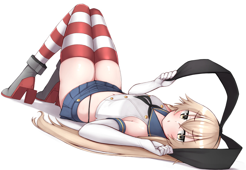 1girl black_legwear black_neckwear blonde_hair blue_sailor_collar blue_skirt blush crop_top elbow_gloves eyebrows_visible_through_hair gloves hair_between_eyes highleg highleg_panties highres kantai_collection long_hair looking_at_viewer miniskirt neckerchief panties parted_lips pleated_skirt rudder_footwear sailor_collar school_uniform serafuku shimakaze_(kancolle) simple_background skirt sleeveless solo striped striped_legwear thigh-highs tiemu_(man190) underwear white_background white_gloves yellow_eyes