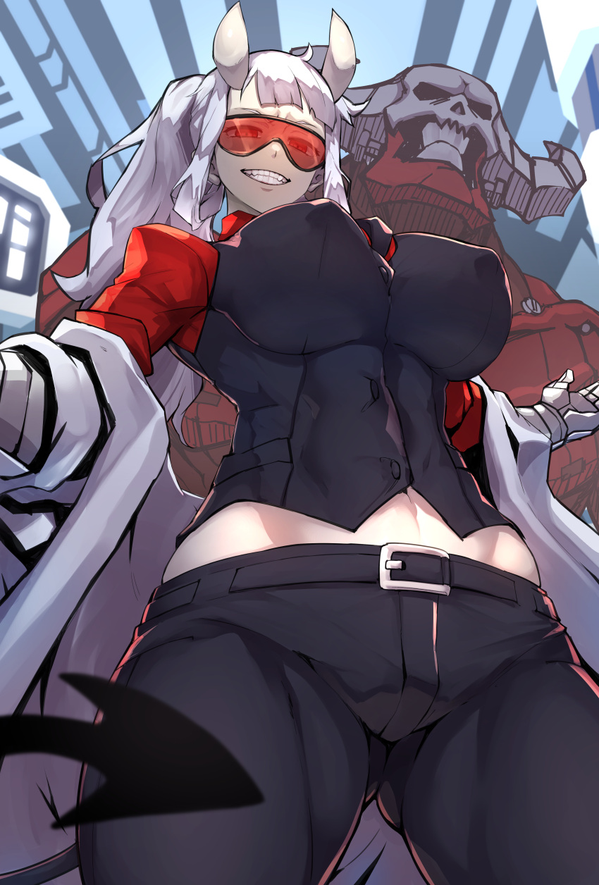 1boy 1girl absurdres ass_visible_through_thighs belt breasts covered_nipples demon_girl demon_tail goggles grin helltaker highres horns large_breasts long_hair looking_at_viewer looking_down loremaster_(helltaker) midriff navel nuezou smile subject_67_(helltaker) tail thighs tinted_eyewear white_hair