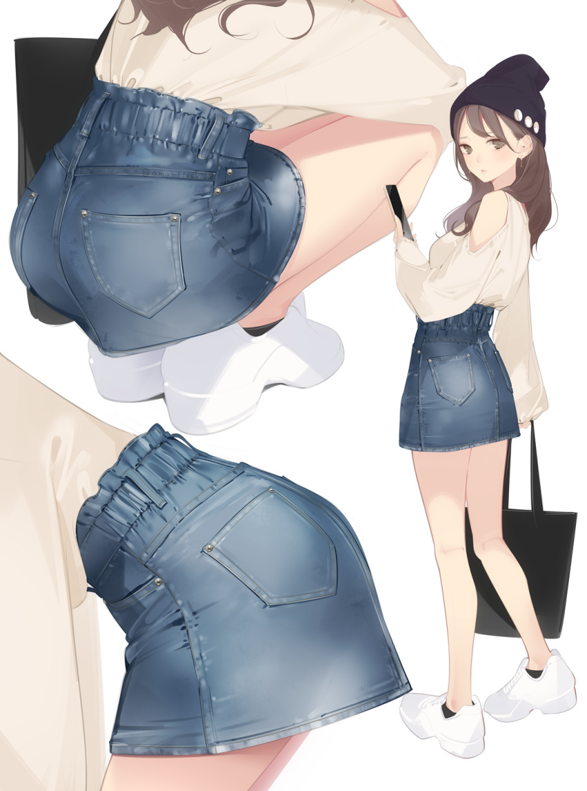 1girl ama_mitsuki bag bare_legs bare_shoulders beanie black_headwear blue_skirt blush brown_eyes brown_hair cellphone closed_mouth denim denim_skirt full_body grey_sweater hat highres holding holding_bag holding_phone leaning_forward long_hair long_sleeves looking_at_viewer looking_to_the_side multiple_views original phone shoes simple_background skirt smartphone sneakers squatting standing sweater white_background white_footwear