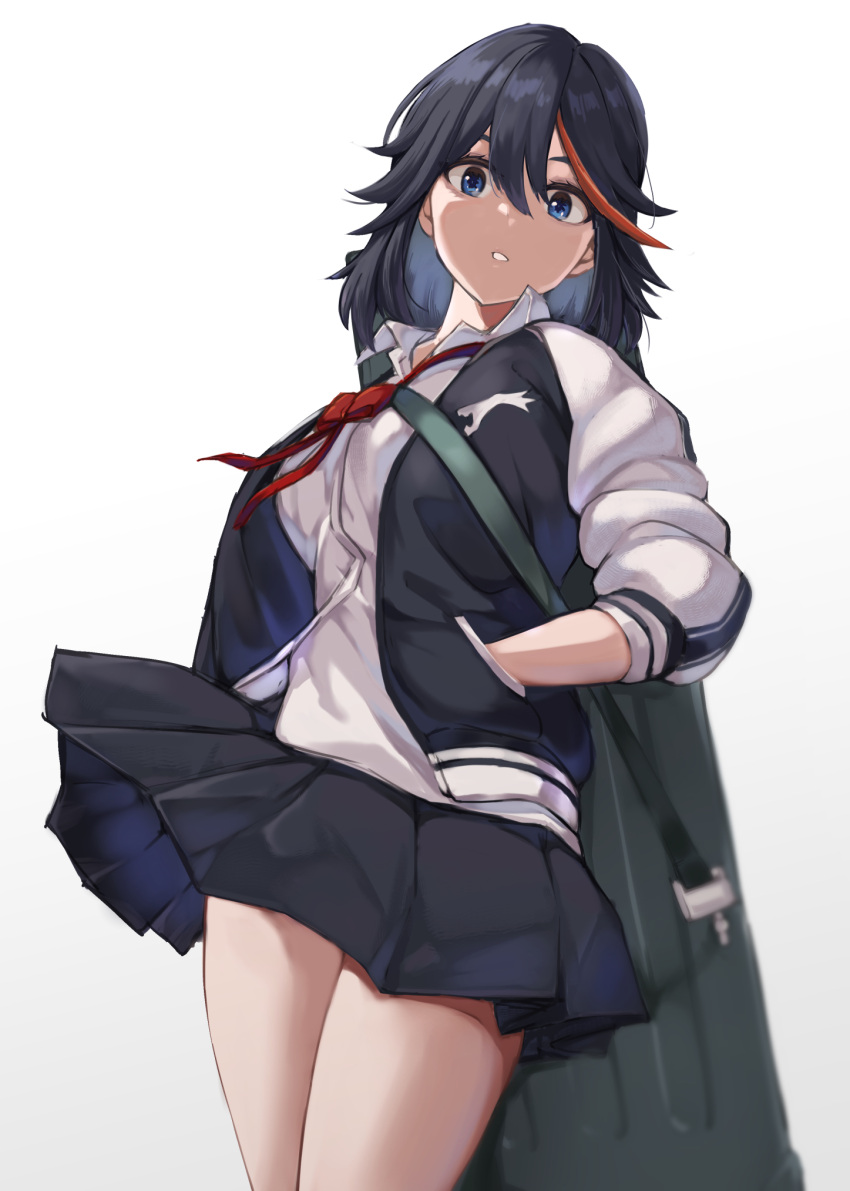 1girl bangs black_hair blue_eyes case collared_shirt hair_between_eyes hands_in_pockets highres jewelry kayui2021 kill_la_kill looking_at_viewer matoi_ryuuko multicolored_hair necklace pleated_skirt red_neckwear redhead school_uniform shirt short_hair simple_background skirt solo standing streaked_hair sweatshirt two-tone_hair white_background white_shirt