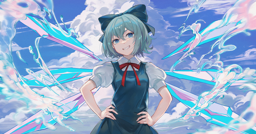 1girl blue_bow blue_dress blue_eyes blue_hair bow cirno clouds cloudy_sky dress fairy grin hair_between_eyes hair_bow hands_on_hips highres ice ice_wings kyusoukyu puffy_short_sleeves puffy_sleeves red_ribbon ribbon shirt short_hair short_sleeves sky smile solo touhou upper_body white_shirt wings