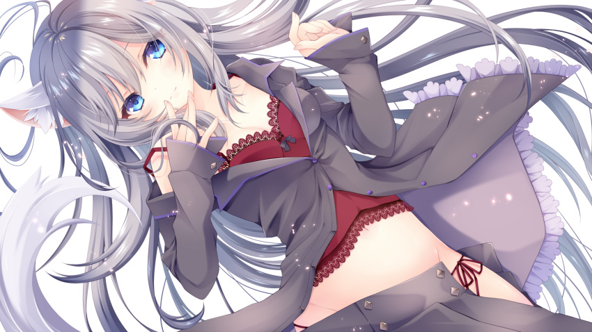 1girl animal_ears blue_eyes breasts commission frilled_jacket frills grey_hair hakurou_masha hiryuu_kanon indie_virtual_youtuber jacket long_hair long_sleeves looking_at_viewer medium_breasts open_clothes open_skirt partially_unbuttoned skeb_commission skirt sleeves_past_wrists tail virtual_youtuber wolf_ears wolf_girl wolf_tail
