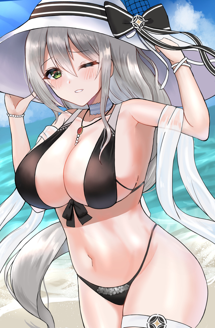 1girl absurdres aquila_(azur_lane) aquila_(sardegnian_shallows_and_sunshine)_(azur_lane) azur_lane beach bikini black_bikini black_bow bow breasts choker eyebrows_visible_through_hair green_eyes hair_between_eyes hat highleg highleg_bikini highres huge_breasts looking_at_viewer navel official_alternate_costume one_eye_closed outdoors satsuka_(258) solo sun_hat swimsuit white_choker white_headwear