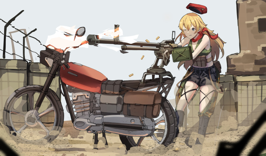 1girl absurdres ak-47_(girls'_frontline) ammunition_box bare_shoulders beret black_shorts blonde_hair blue_eyes boots clenched_teeth commission firing gar32 girls_frontline ground_vehicle gun hat heavy_machine_gun highres long_hair machine_gun motor_vehicle motorcycle one_eye_closed outdoors red_bandana shell_casing shorts solo standing tank_top teeth weapon