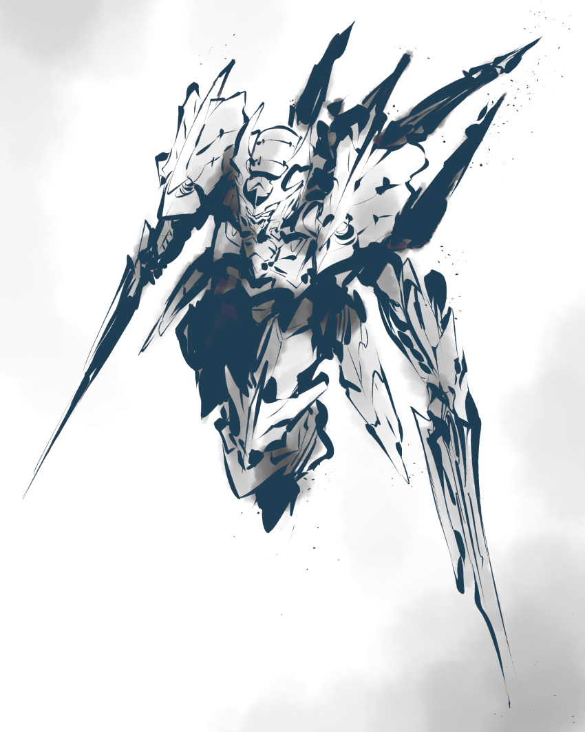 absurdres dual_wielding flying from_above greyscale highres holding holding_sword holding_weapon ikaruga_(knight's_&amp;_magic) ishiyumi knight's_&amp;_magic looking_up mecha monochrome science_fiction sketch sword weapon