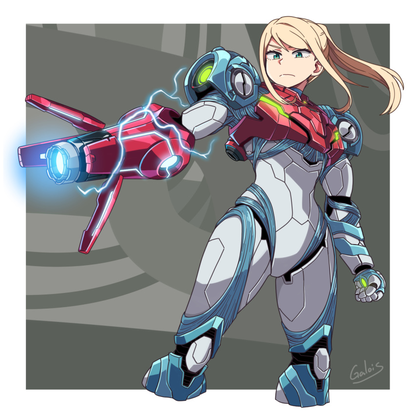1girl arm_cannon blonde_hair border clenched_hand cropped_legs electricity galois glowing green_eyes highres metroid metroid_dread ponytail power_suit samus_aran serious solo standing weapon white_border