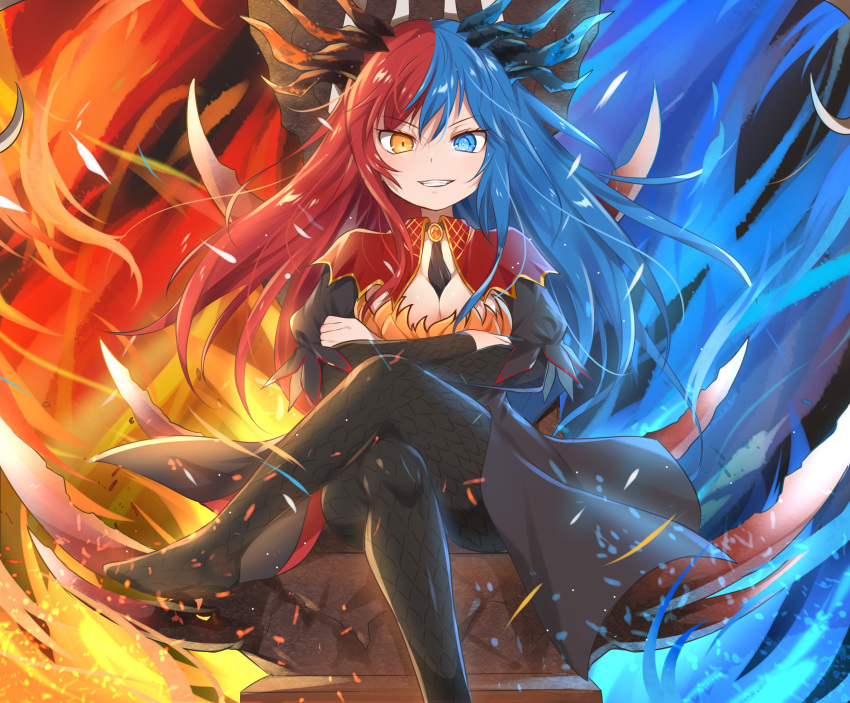 1girl barefoot blue_eyes blue_fire blue_hair blue_horns bow bowtie breasts crossed_arms crossed_legs dragon_girl dragon_horns dress fire floating_hair full_body grin highres horns inferna_dragnis jewelry large_breasts looking_at_viewer multicolored multicolored_eyes multicolored_hair orange_eyes original pale_skin pantyhose red_horns redhead scales sitting smile solo symbol-shaped_pupils throne usagi1923