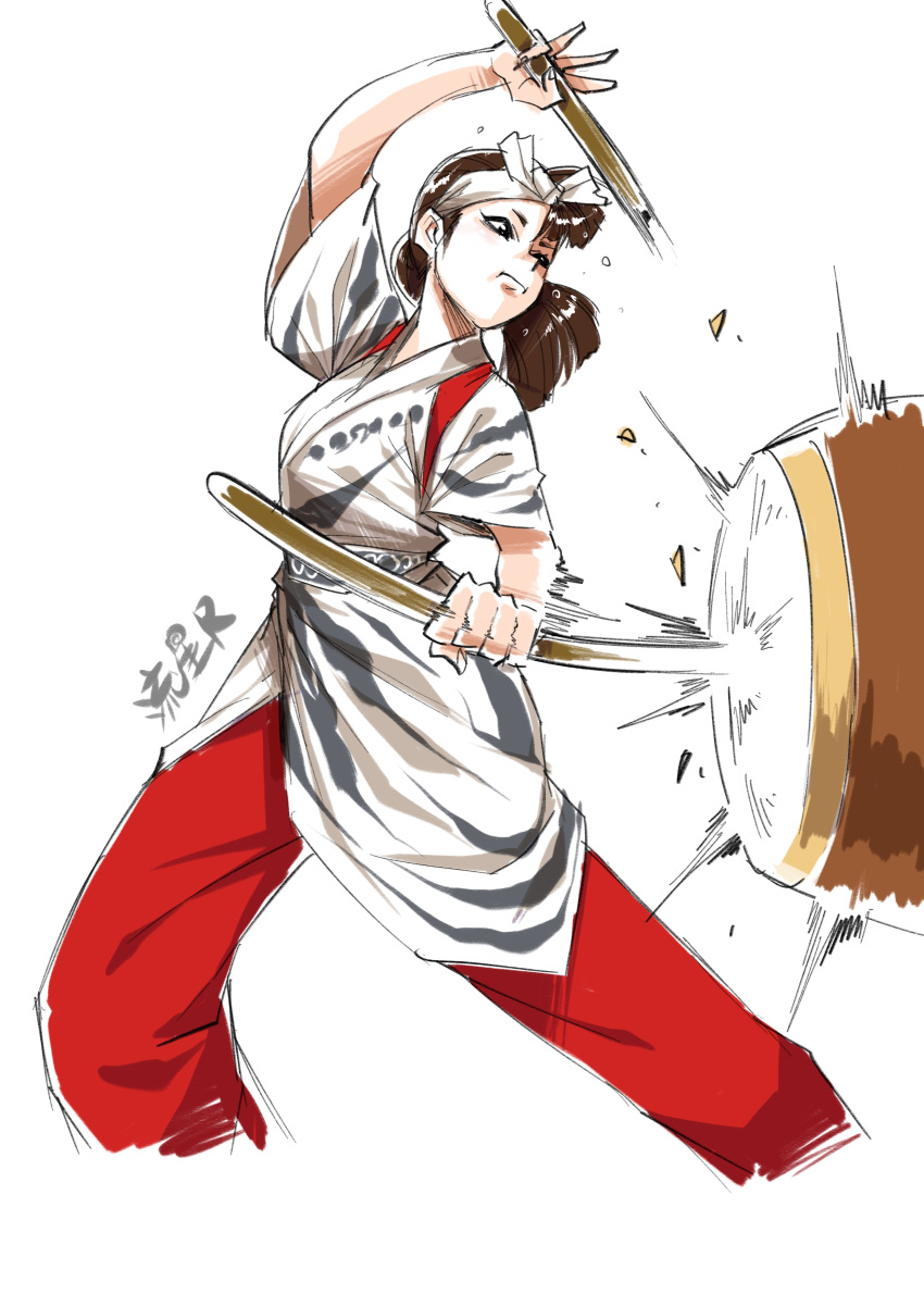 1girl absurdres black_eyes brown_hair closed_mouth grey_sash headband highres holding holding_stick instrument_request japanese_clothes kimono original pants red_pants ryuusei_(mark_ii) sash short_sleeves simple_background solo standing stick white_background