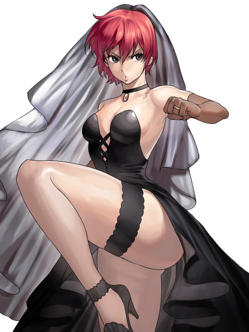 1girl absurdres ass bouquet breasts bridal_gauntlets bridal_veil bride dress elbow_gloves formal gloves han_soo-min_(hanny) hanny_(uirusu_chan) highres holding holding_bouquet looking_at_viewer navel original redhead short_hair simple_background small_breasts solo strapless strapless_dress tekken veil wedding wedding_dress white_background