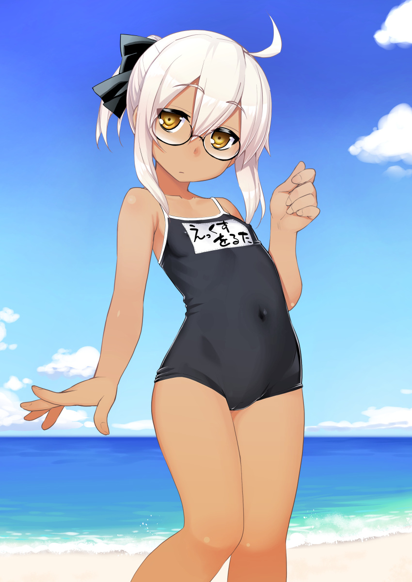 1girl absurdres ahoge arm_at_side artoria_pendragon_(fate) beach black-framed_eyewear black_bow black_swimsuit blue_sky bow closed_mouth covered_navel dark-skinned_female dark_skin day fate/grand_order fate_(series) fingernails flat_chest glasses hair_bow hands_up highres horizon looking_at_viewer mysterious_heroine_x_(alter)_(fate) name_tag namonashi one-piece_swimsuit outdoors ponytail sand school_swimsuit sky solo standing swimsuit tan white_hair yellow_eyes