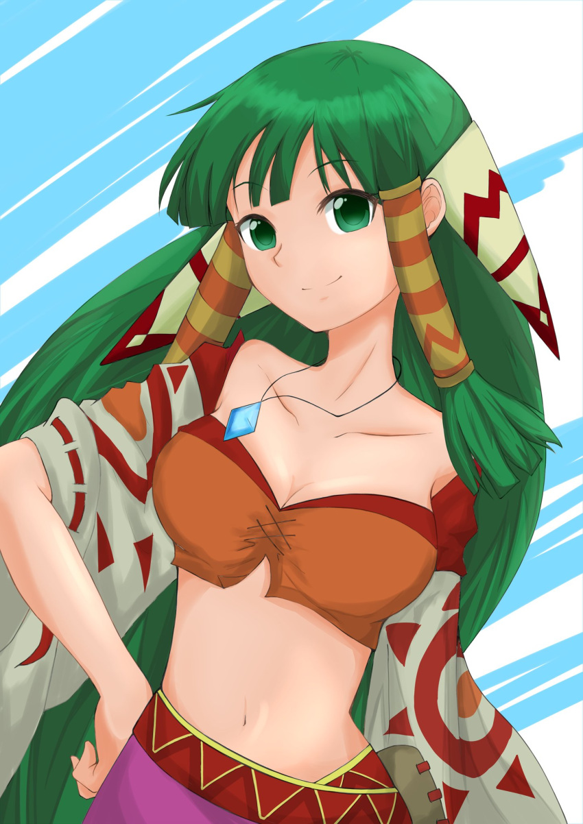 1girl breasts closed_mouth feena_(grandia) grandia grandia_i green_eyes green_hair hair_ornament hair_tubes highres jewelry long_hair looking_at_viewer low-tied_long_hair midriff navel necklace shifui_fugetsu smile solo wide_sleeves