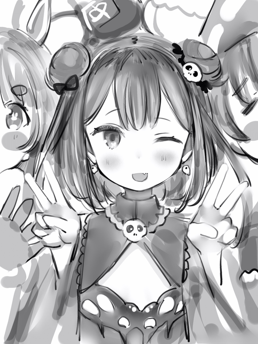3girls :d blush blush_stickers bow bunny-shaped_pupils double_bun double_v earrings fang flat_chest greyscale hair_bow hair_ornament hands_up highres hololive houshou_marine jewelry looking_at_viewer medium_hair monochrome multiple_girls nanashi_(nlo) one_eye_closed open_mouth skull_hair_ornament smile solo_focus uruha_rushia usada_pekora v