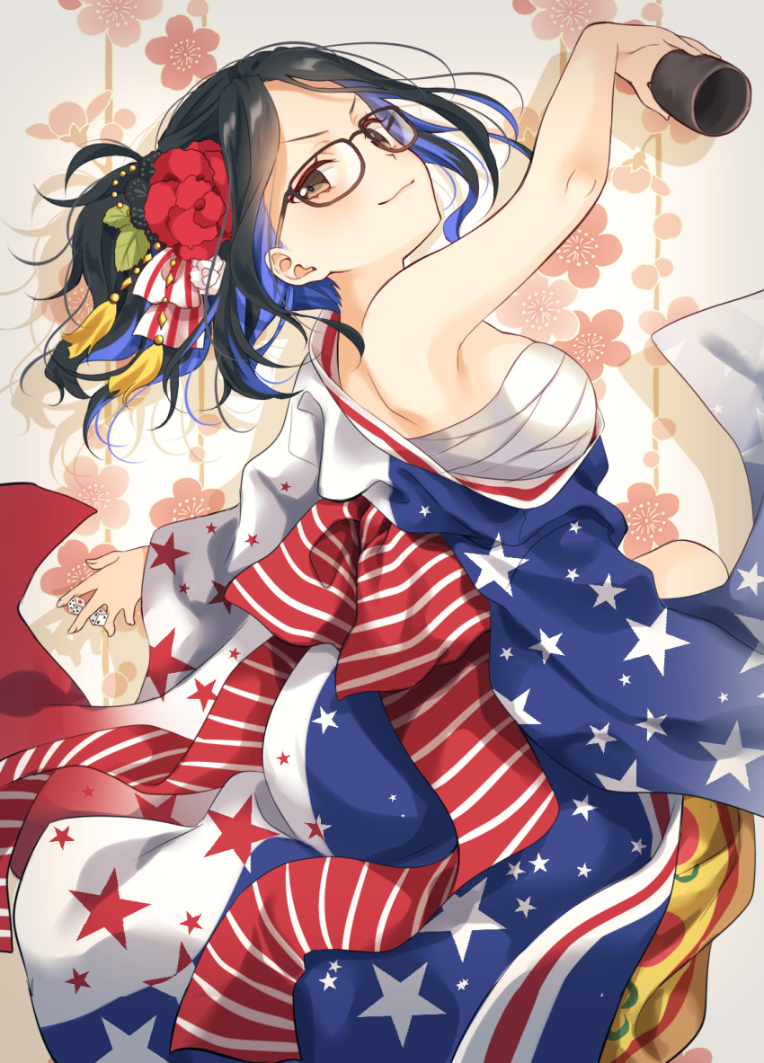 1girl american_flag american_flag_print bandages black_hair blue_hair breasts brown_eyes dice flag_print flower gaston57064599 glasses hair_flower hair_ornament head_back highres japanese_clothes kimono kson looking_at_viewer looking_back medium_breasts multicolored_hair obi off_shoulder real_life red_flower sarashi sash smirk solo v-shaped_eyebrows