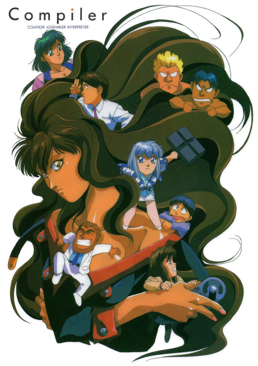 1990s_(style) 4girls 5boys absurdres aqua_eyes aqua_hair assembler beard blonde_hair blue_hair briefcase brown_eyes brown_hair closed_eyes compiler compiler_(ova) constricted_pupils copyright_name dark-skinned_male dark_skin facial_hair grin highres holding holding_briefcase long_hair looking_at_viewer miniboy minigirl multiple_boys multiple_girls nail_polish necktie official_art open_mouth pink_nails retro_artstyle scan smile v-shaped_eyebrows