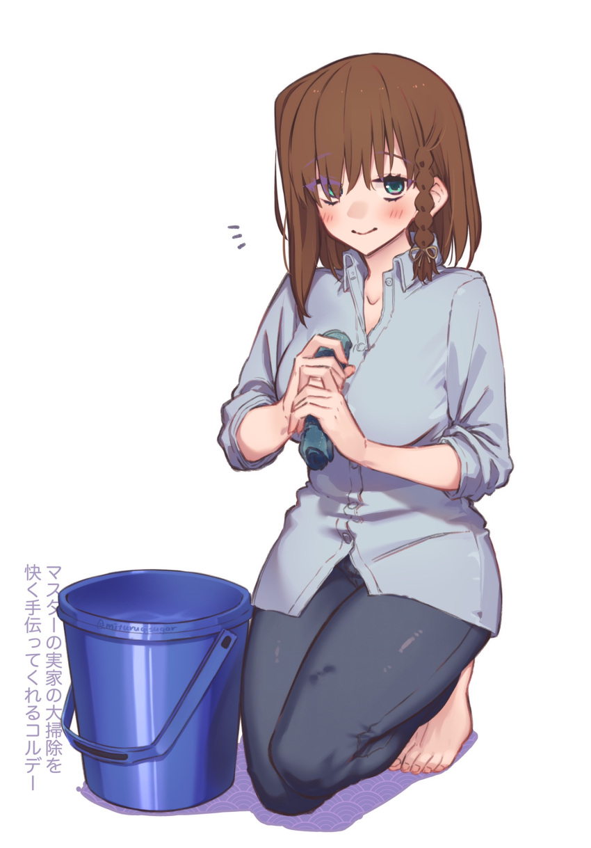 1girl bangs braid breasts brown_hair bucket charlotte_corday_(fate) contemporary fate/grand_order fate_(series) green_eyes highres kneeling large_breasts looking_at_viewer mitsurugi_sugar short_hair side_braid translation_request