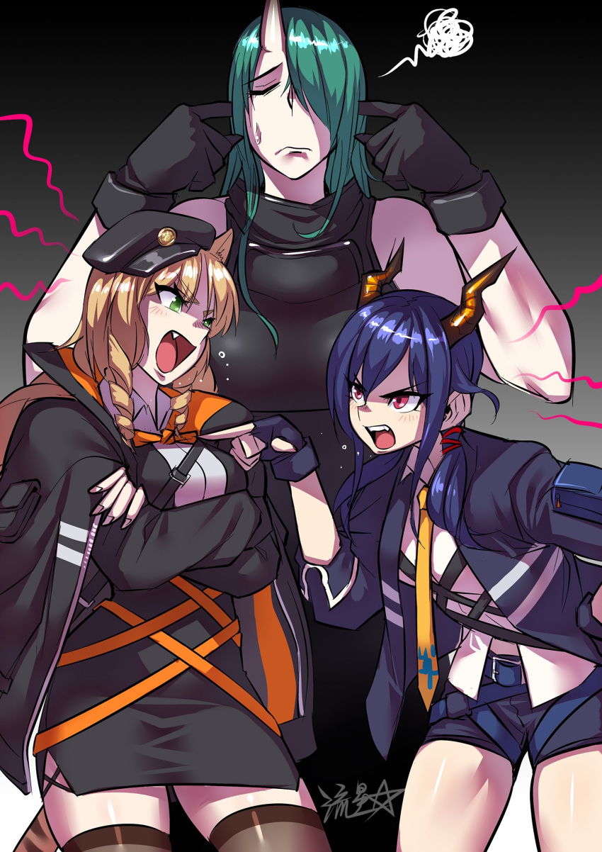 3girls angry animal_ears arguing arknights black_gloves black_jacket blonde_hair blue_hair blue_jacket brown_legwear ch'en_(arknights) closed_eyes closed_mouth crossed_arms dress fang finger_in_ear gloves green_eyes green_hair hair_over_one_eye hair_over_shoulder hands_up height_difference highres horns hoshiguma_(arknights) jacket long_hair low_twintails multiple_girls necktie one_eye_covered oni_horns open_mouth pencil_dress pointing_at_another red_eyes ryuusei_(mark_ii) shirt short_dress short_shorts shorts side_slit signature single_horn skindentation squiggle swire_(arknights) tail tall_female thigh-highs twintails white_shirt yellow_neckwear