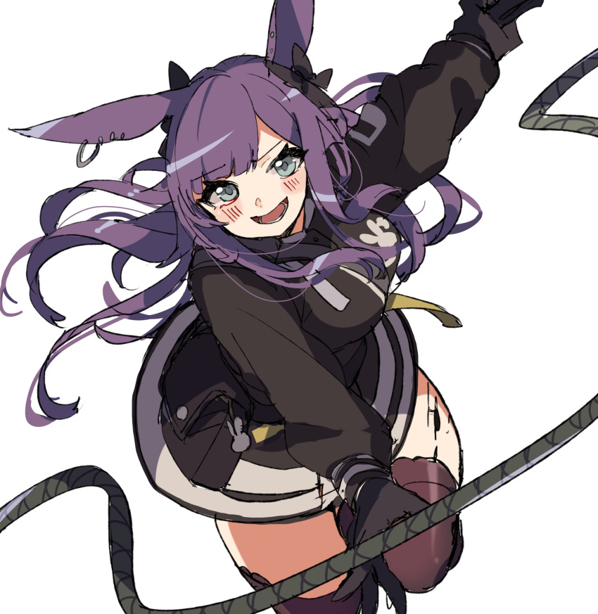 1girl absurdres animal_ears arknights black_bow black_jacket black_legwear blush bow breasts commentary cowboy_shot eyebrows_visible_through_hair hair_bow highres jacket leg_up long_hair looking_at_viewer medium_breasts open_mouth oripathy_lesion_(arknights) purple_hair rabbit_ears rope rope_(arknights) simple_background solo thigh-highs vegetable_osamuta white_background