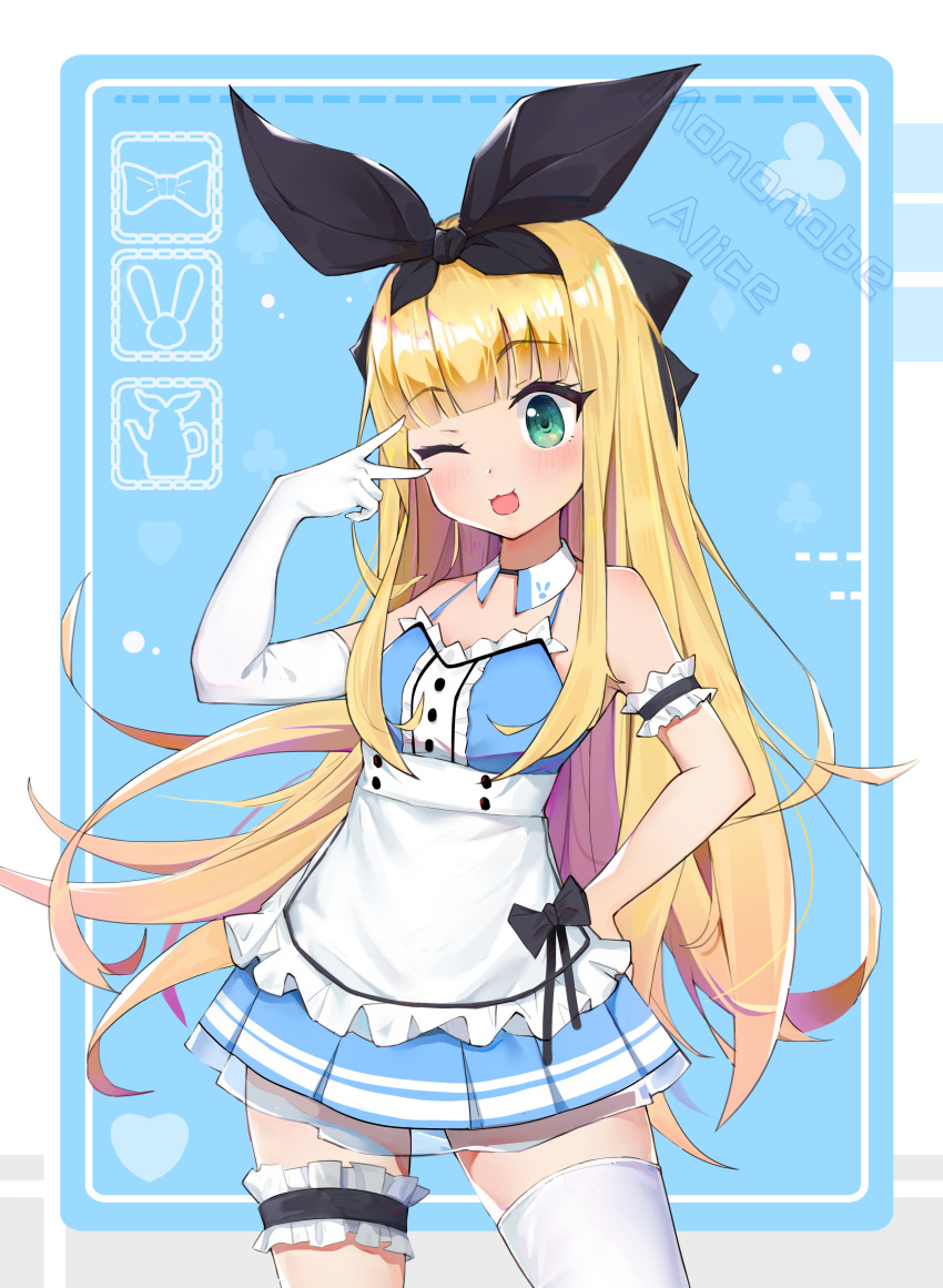 1girl :3 absurdres alice_(alice_in_wonderland) alice_(alice_in_wonderland)_(cosplay) apron arm_behind_back bangs bare_shoulders blonde_hair blunt_bangs bow character_name club_(shape) cosplay detached_collar elbow_gloves eyebrows_visible_through_hair frilled_apron frilled_armband frilled_legwear frilled_skirt frills gloves green_eyes hair_bow hair_ornament halter_top halterneck hand_up heart highres long_hair maid mononobe_alice nijisanji one_eye_closed open_mouth ribbon_print sanmery simple_background single_elbow_glove single_thighhigh skirt solo thigh-highs thigh_strap two-tone_background v virtual_youtuber white_apron