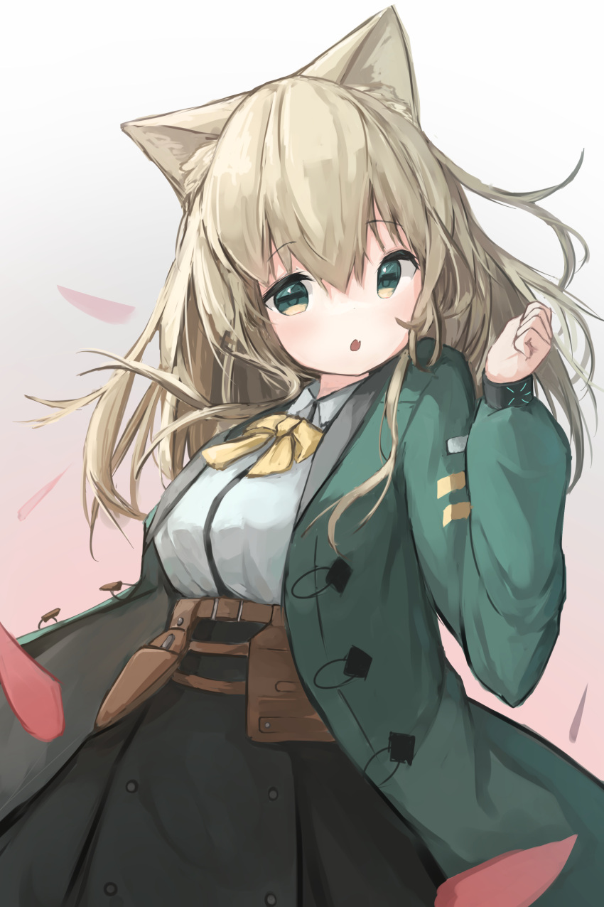 1girl :o absurdres animal_ear_fluff animal_ears arknights bangs black_skirt bow breasts brown_hair collared_shirt commentary_request dog_ears dress_shirt eyebrows_visible_through_hair fang gradient gradient_background green_eyes green_jacket hair_between_eyes hand_up highres jacket long_hair long_sleeves looking_at_viewer medium_breasts open_clothes open_jacket parted_lips petals pink_background podenco_(arknights) puffy_long_sleeves puffy_sleeves shirt skirt solo teruriu very_long_hair white_background white_shirt yellow_bow