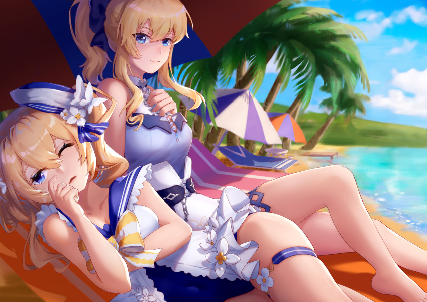2girls absurdres bangs barbara_(genshin_impact) barbara_(summertime_sparkle)_(genshin_impact) beach beach_chair beach_umbrella blue_eyes blue_sky blue_swimsuit blurry bow clouds cloudy_sky coconut_tree commentary_request depth_of_field drill_hair eyebrows_visible_through_hair genshin_impact hair_between_eyes hair_bow hair_ribbon hat highres jean_(genshin_impact) jean_(sea_breeze_dandelion)_(genshin_impact) light_brown_hair long_hair looking_at_viewer lying mountainous_horizon multiple_girls ocean on_side one_eye_closed palm_tree parted_lips ponytail ribbon sailor_collar sidelocks sitting sky smile swimsuit thighlet tree twin_drills twintails umbrella yi_xiang_ren