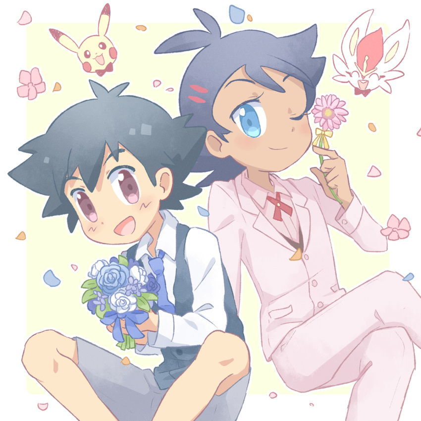 2boys :d akasaka_(qv92612) alternate_costume antenna_hair ash_ketchum bangs black_hair blue_eyes blue_flower bouquet buttons chibi chibi_inset cinderace closed_mouth collared_shirt commentary_request crossed_legs eyelashes flower goh_(pokemon) grey_shorts holding holding_bouquet holding_flower jacket knees long_sleeves male_focus multiple_boys neck_ribbon one_eye_closed open_mouth pants petals pikachu pink_jacket pink_pants pink_shirt pokemon pokemon_(anime) pokemon_swsh_(anime) red_ribbon ribbon shirt short_hair shorts smile tongue vest white_flower white_shirt